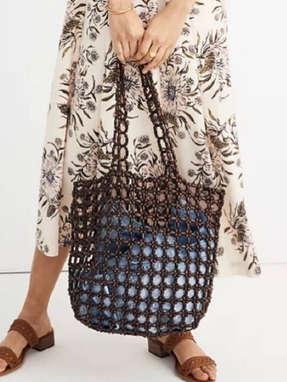 Madewell Beaded Open-Weave Tote Bag in Dark Brown